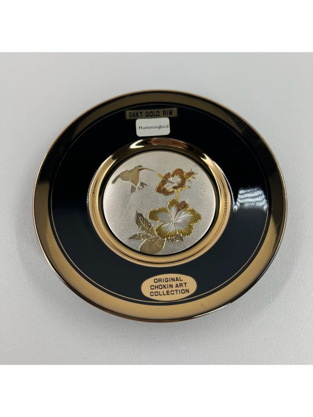 Dynasty Gallery Art of Chokin Hummingbird Hibiscus Collector Plate 6" Gold Black